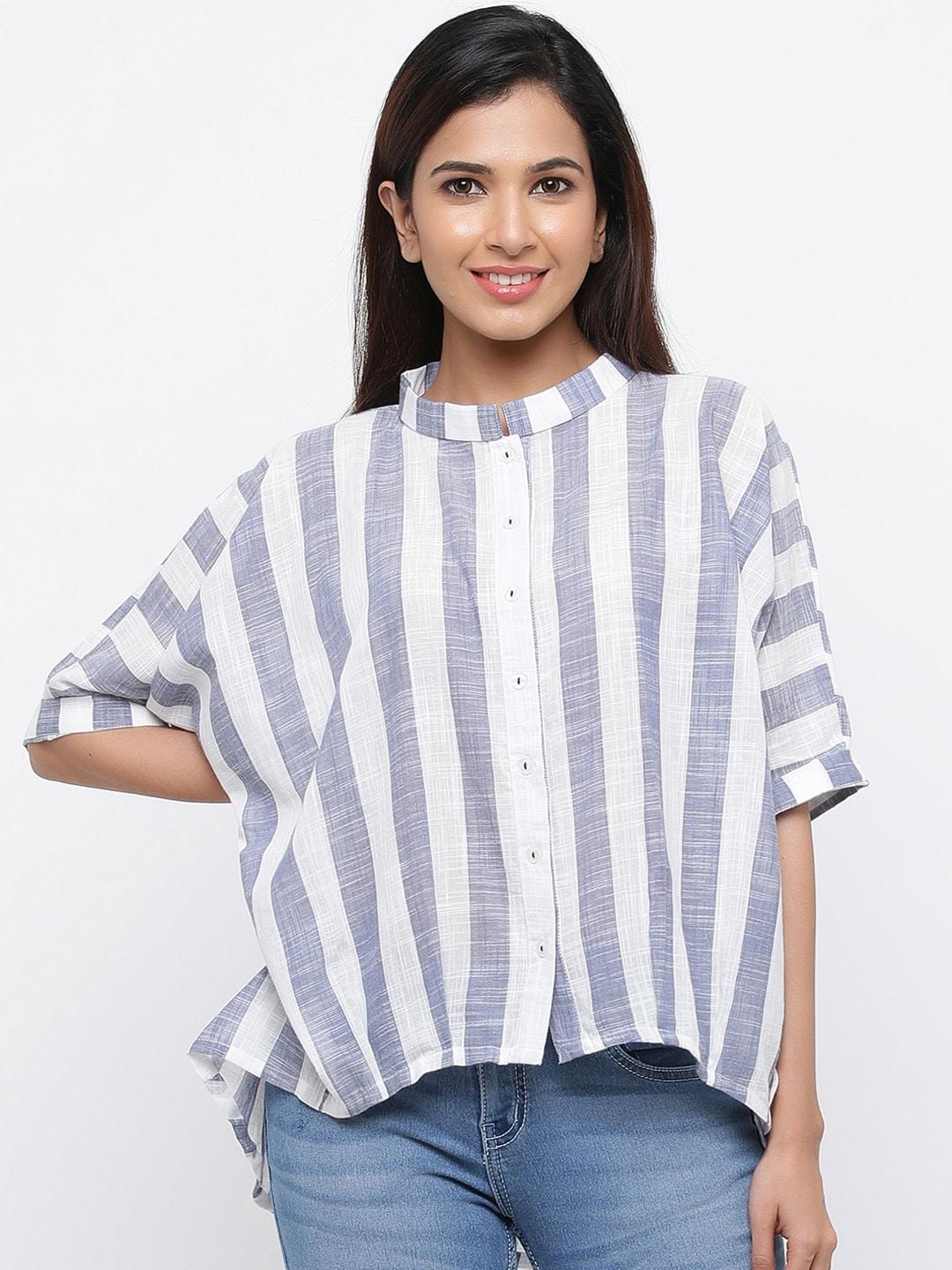 Jaipur Kurti Women Blue & White Striped High-Low Pure Cotton Top
