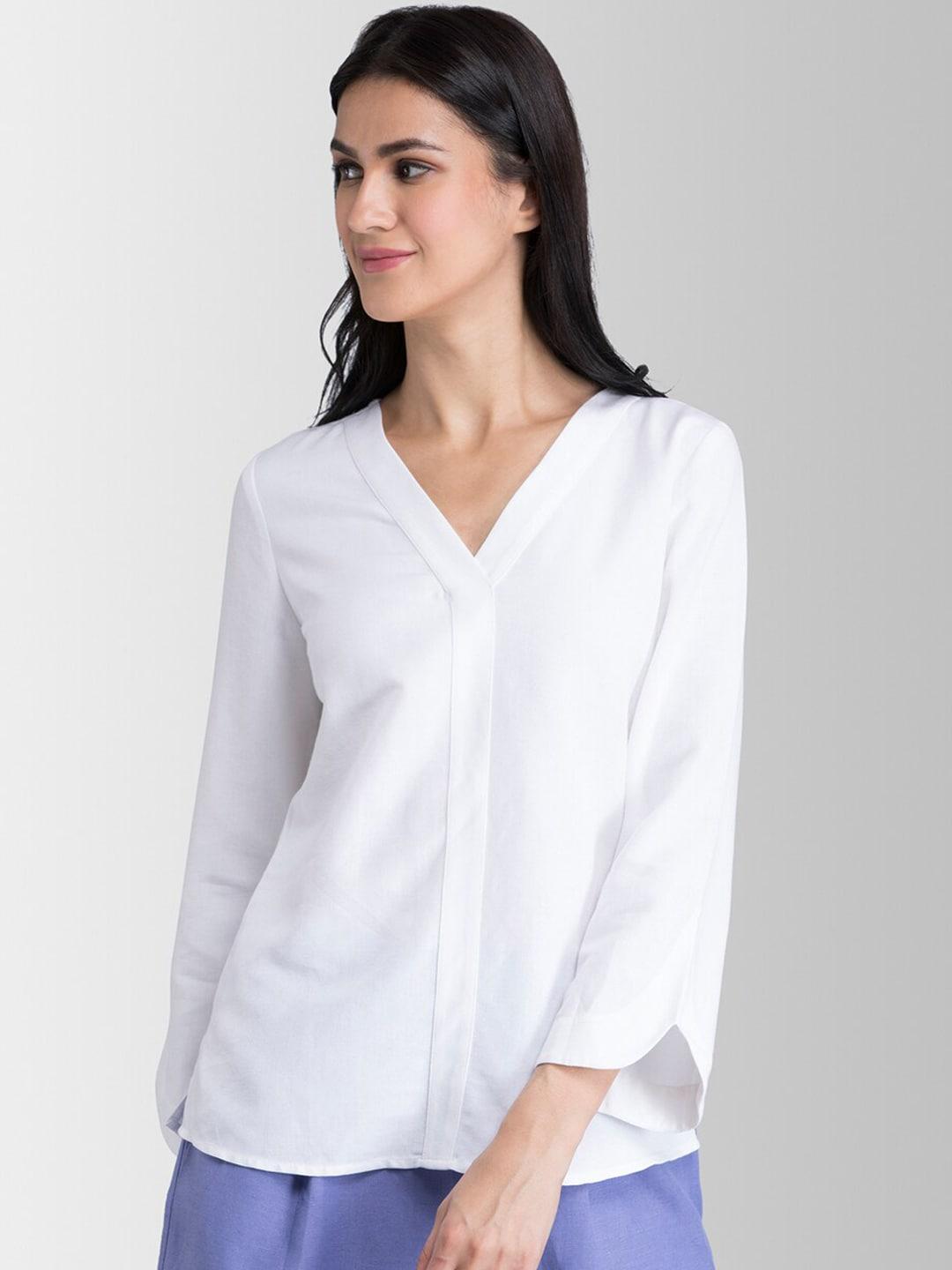FableStreet Women White Solid Pure Cotton Top