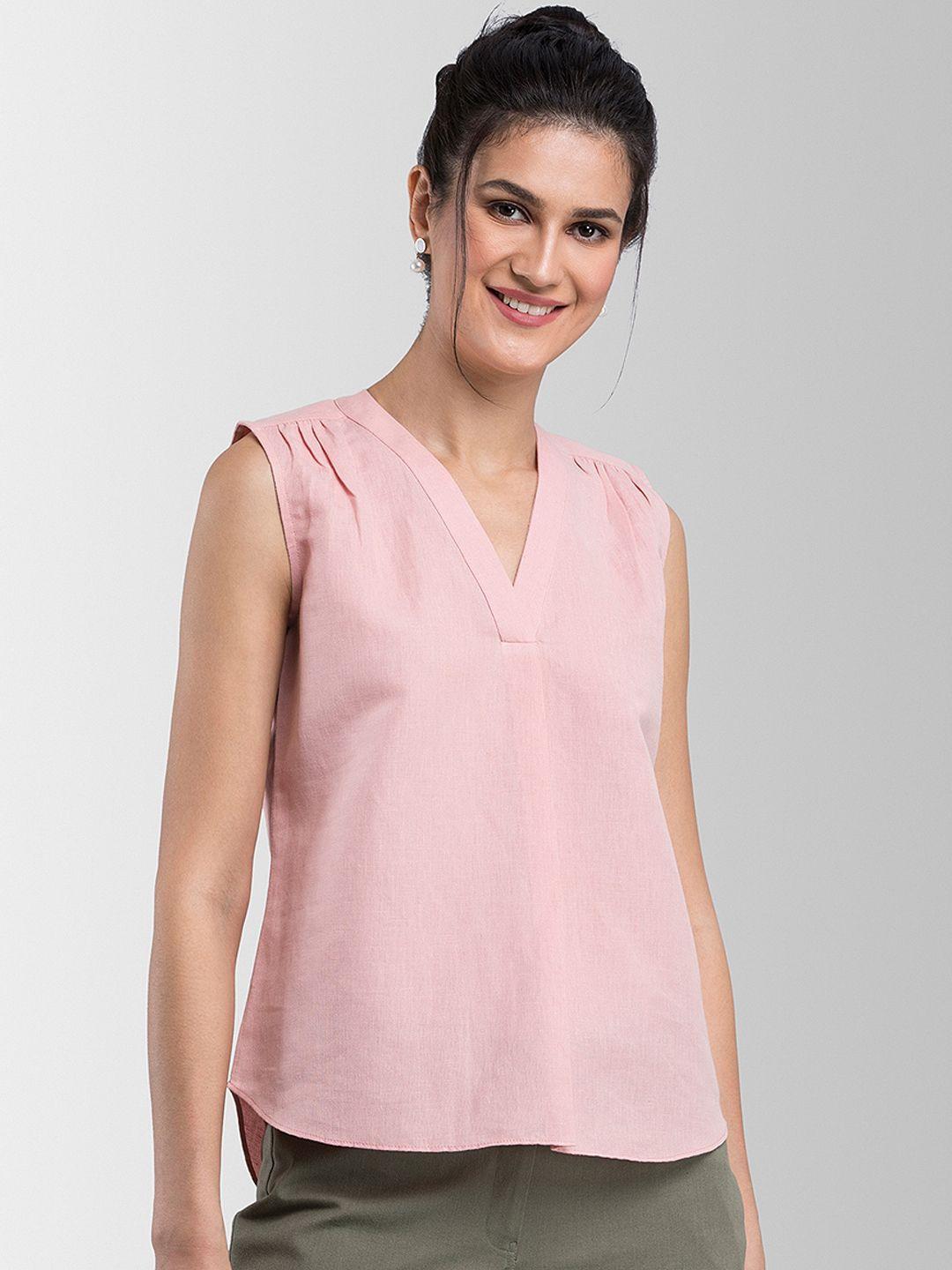 fablestreet-women-pink-solid-linen-top