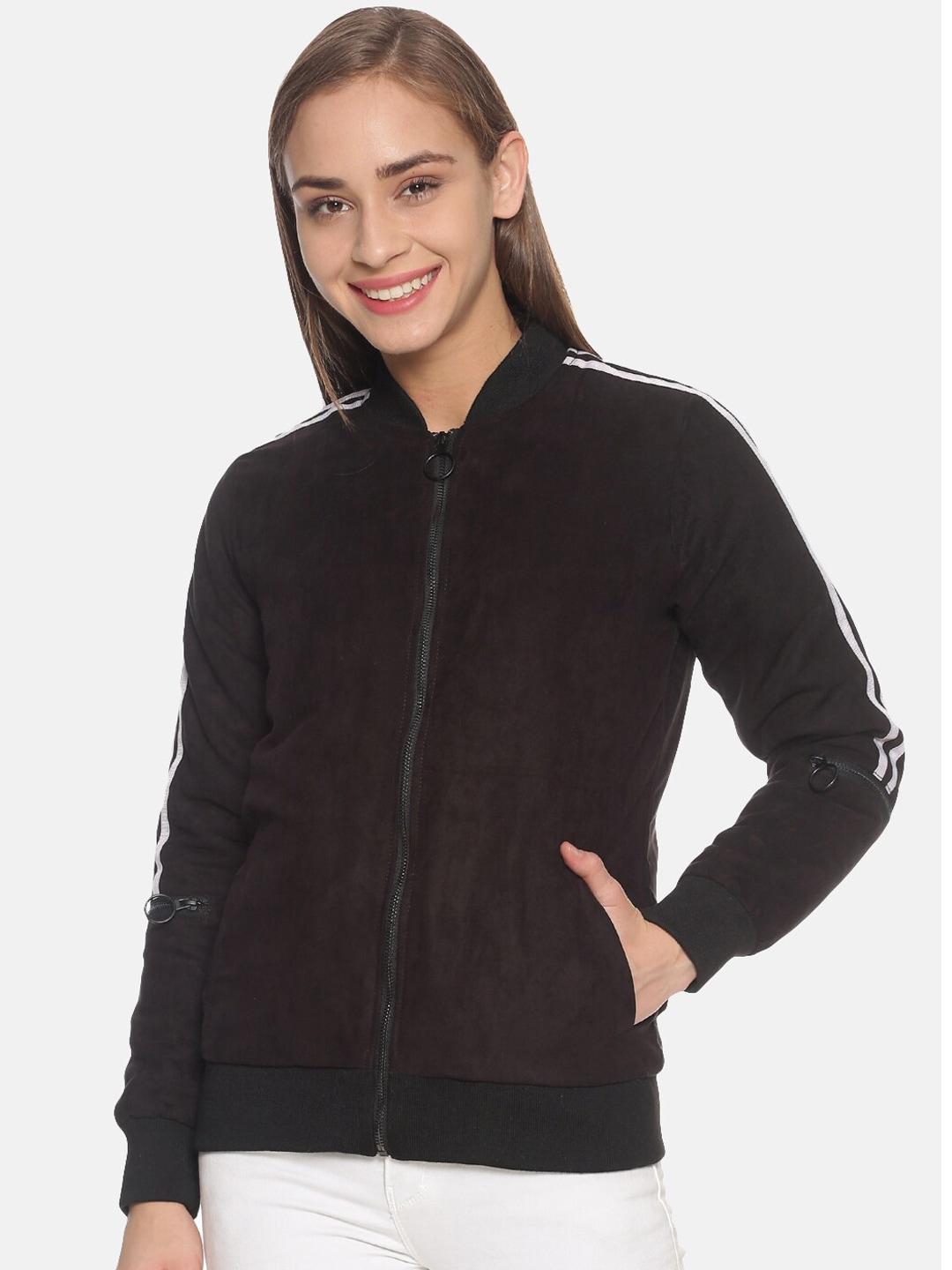Campus Sutra Women Black Solid Windcheater Bomber
