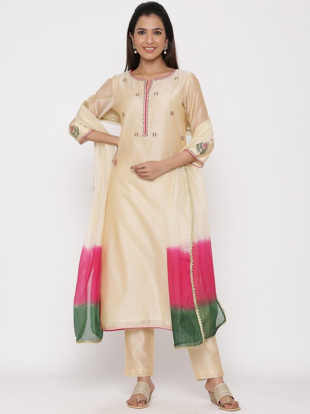 Jaipur Kurti Women Cream-Coloured & Pink Embroidered Kurta with Trousers & Dupatta