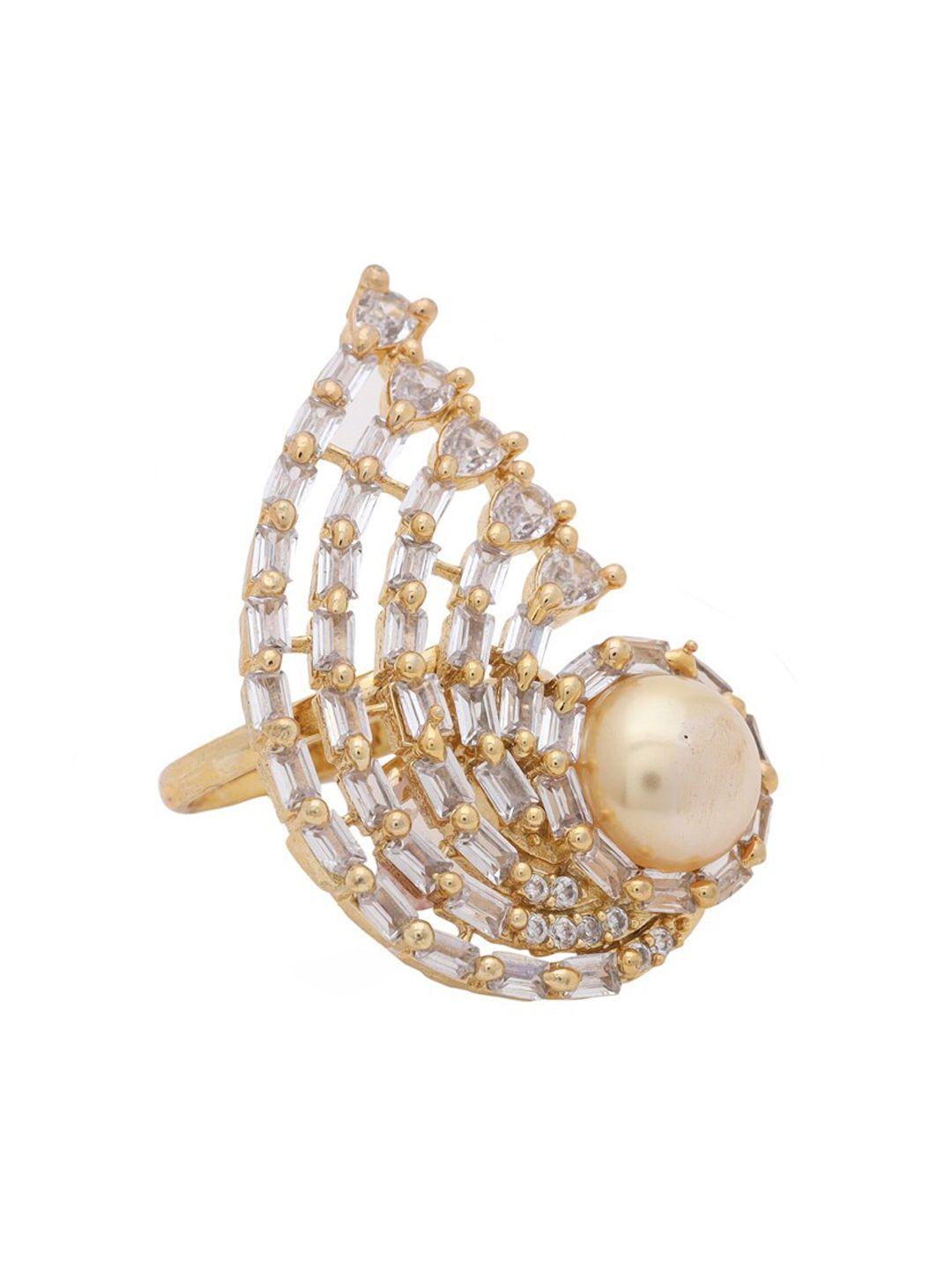 Shoshaa Gold-Plated White & Beige CZ-Studded Handcrafted Finger Ring