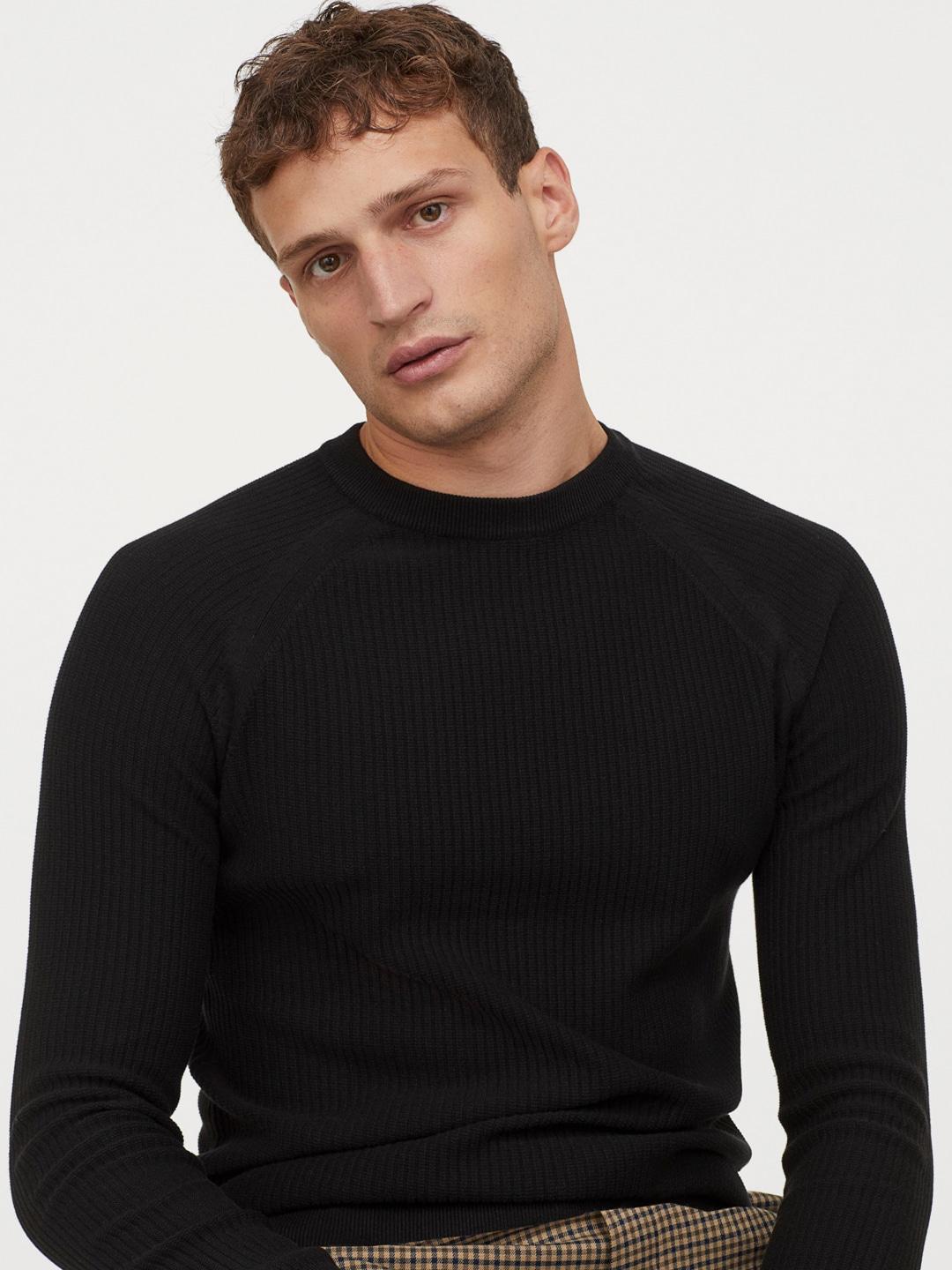 H&M Men Black Solid Knitted Jumper Muscle Fit