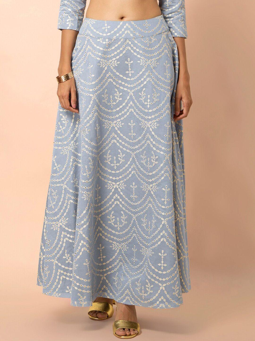 INDYA Women Blue & White Printed Maxi Flared Skirt