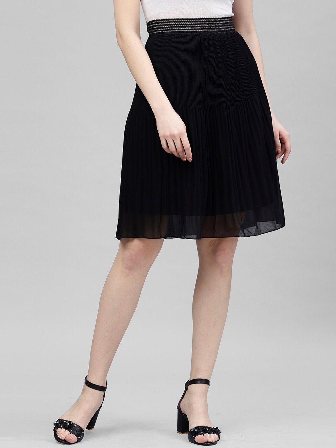 KASSUALLY Women Black Solid Pleated A-Line Midi Skirt