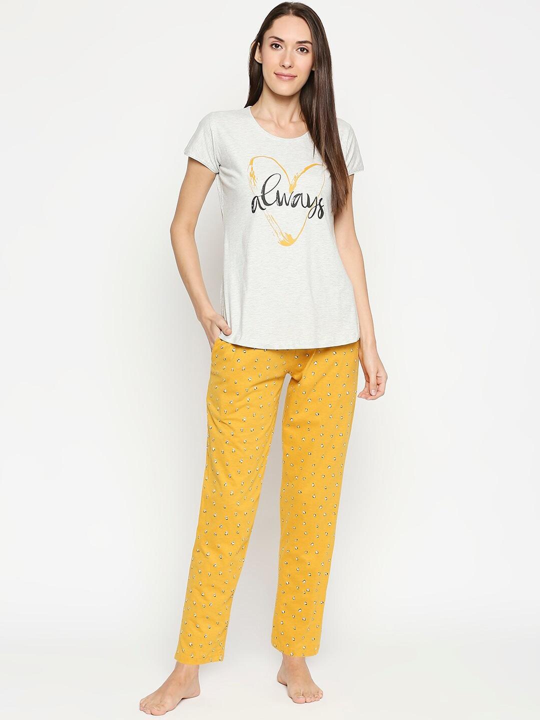 AV2 Women Yellow & Grey Melange Printed Night Suit