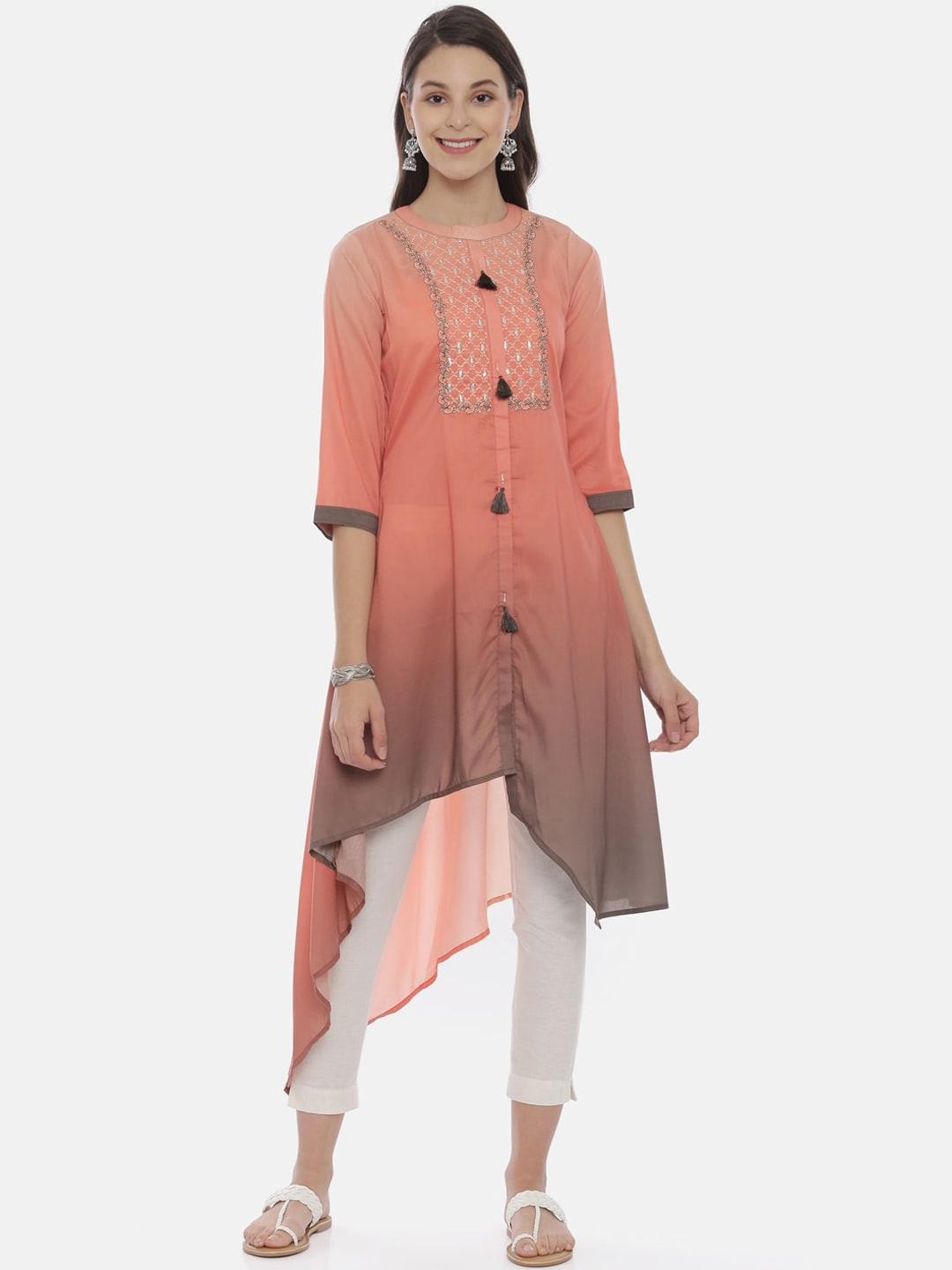 Neerus Women Coral Pink & Grey Yoke Design A-Line Kurta