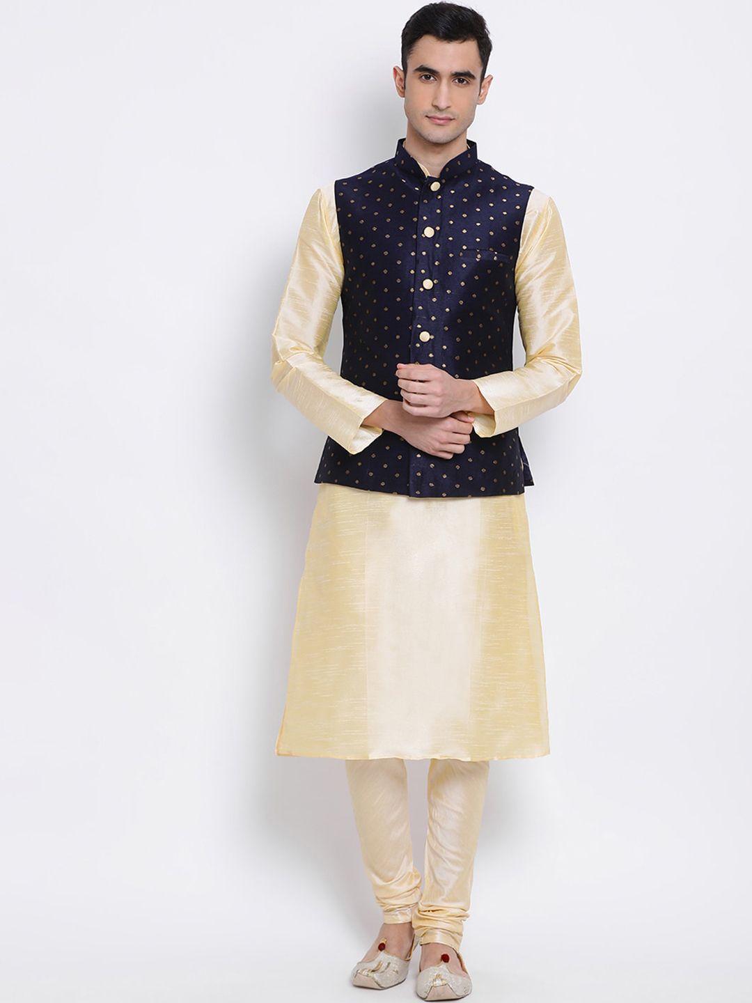sanwara-men-beige-&-navy-blue-solid-silk-kurta-with-churidar-&-jacket