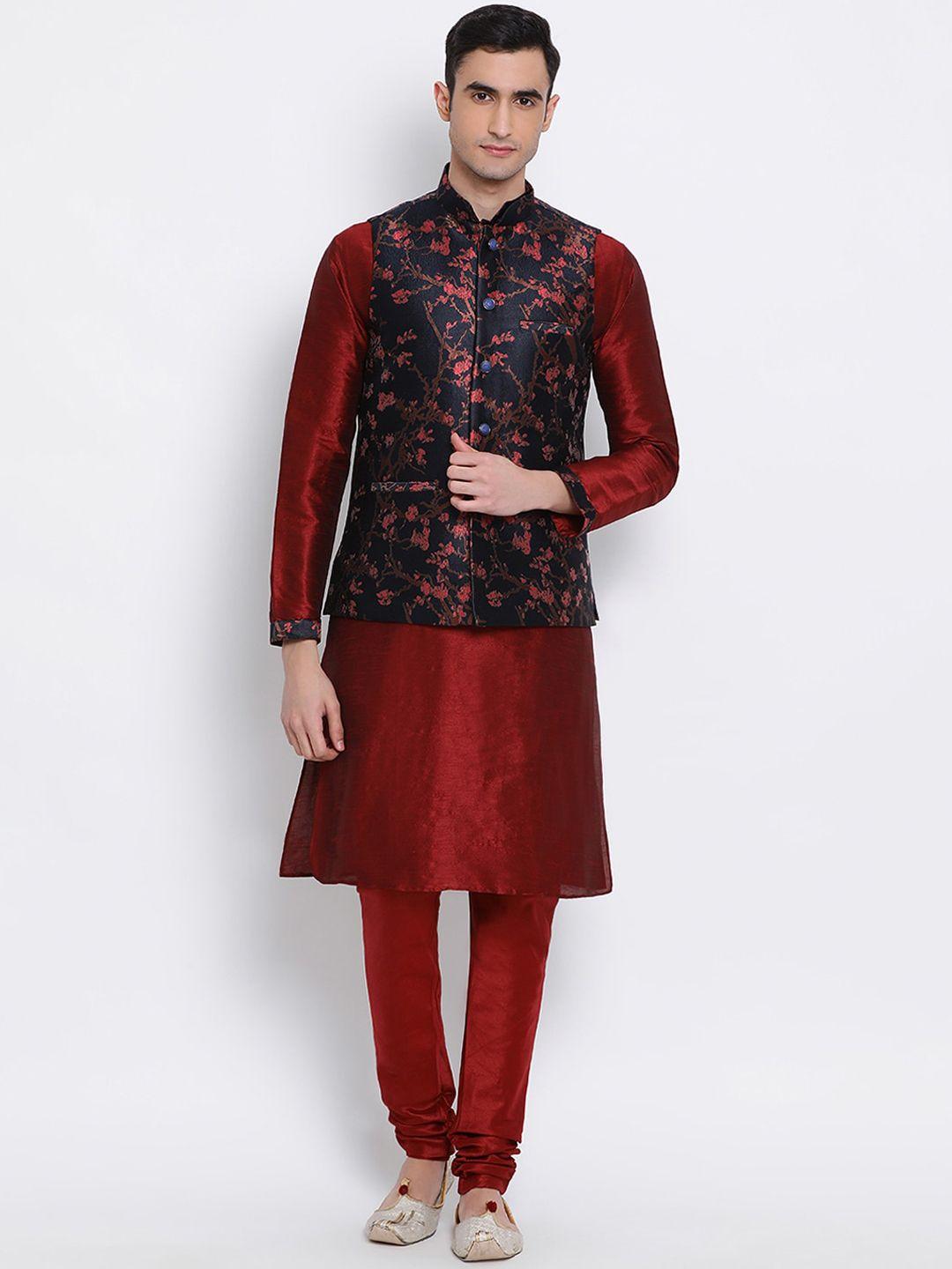 sanwara-men-maroon-black-solid-kurta-bandi-jacket-set-with-churidar-nehru-jacket