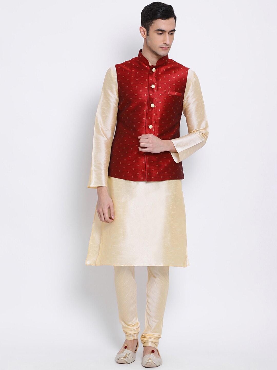 sanwara-men-beige-&-maroon-solid-kurta-with-churidar-&-nehru-jacket