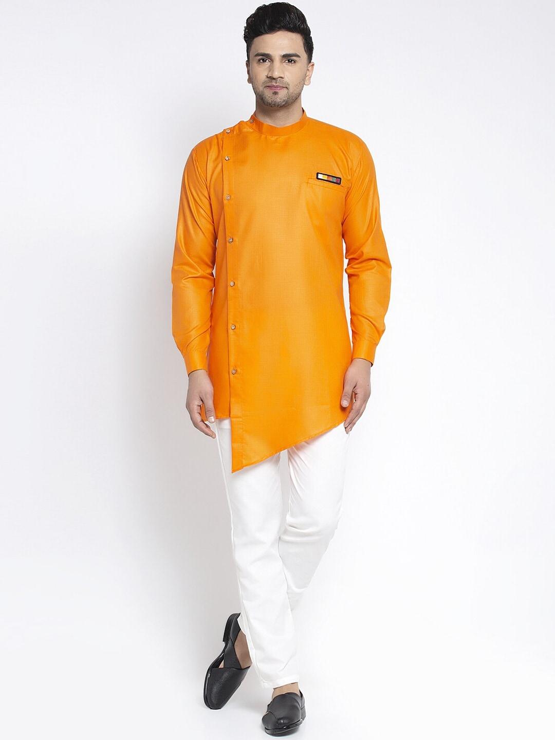 Benstoke Men Orange & White Solid Angrakha Kurta with Pyjamas