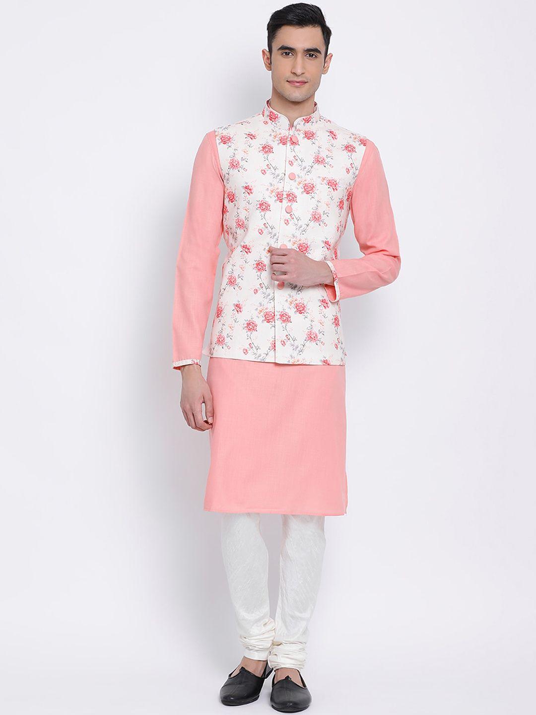 Sanwara Men Pink & White Solid Kurta Nehru Jacket Set with Churidar