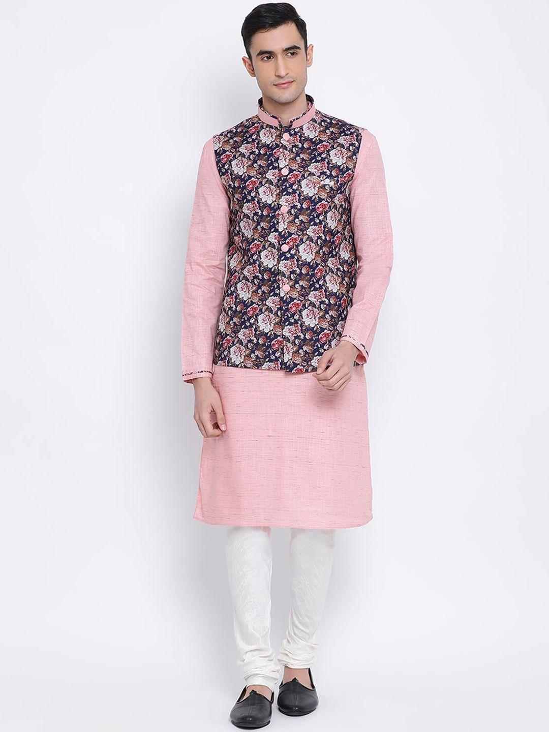 Sanwara Men Pink & White Solid Kurta Nehru Jacket Set with Churidar