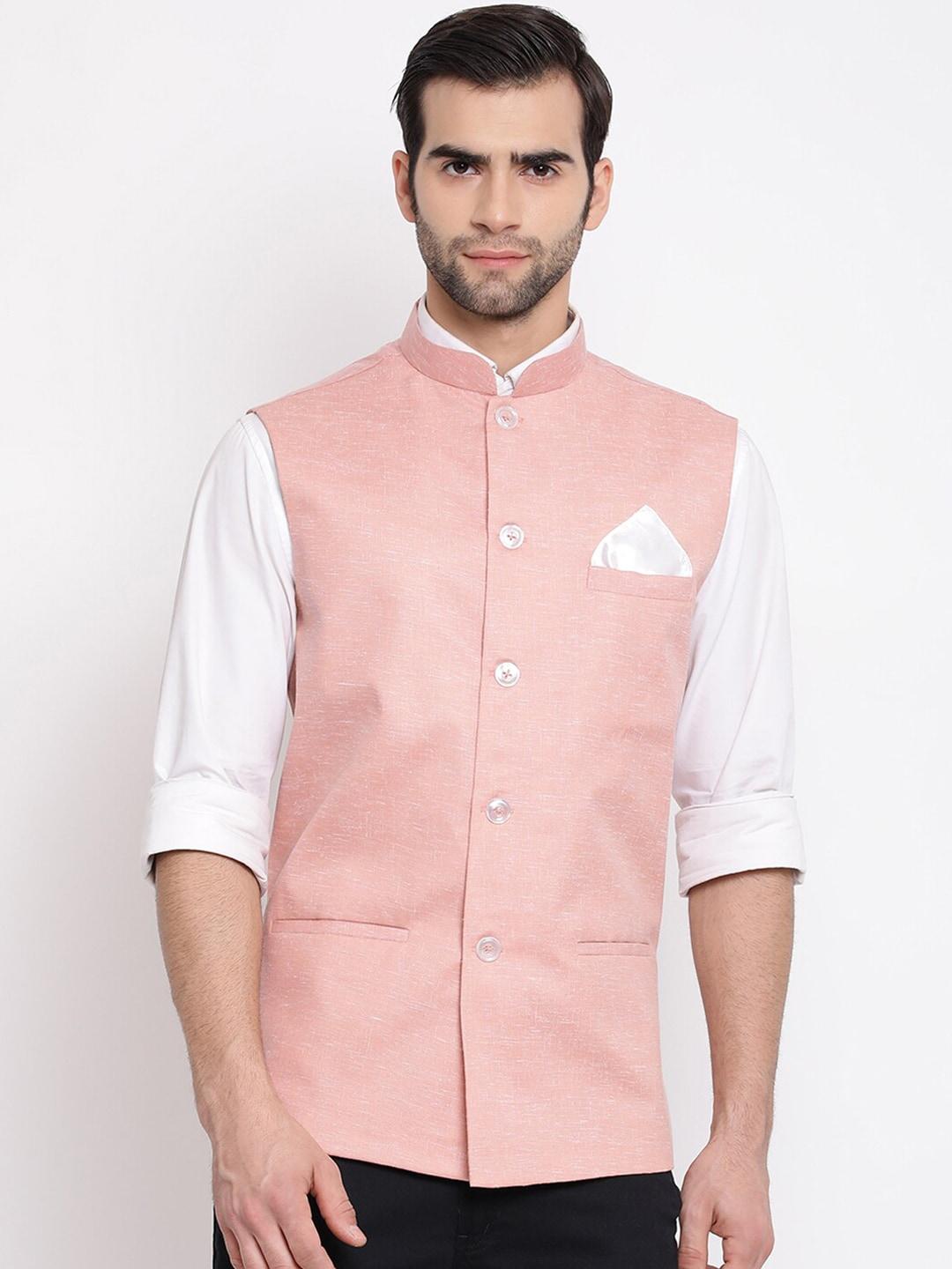 VASTRAMAY Men Peach Coloured Woven Design Nehru Jacket
