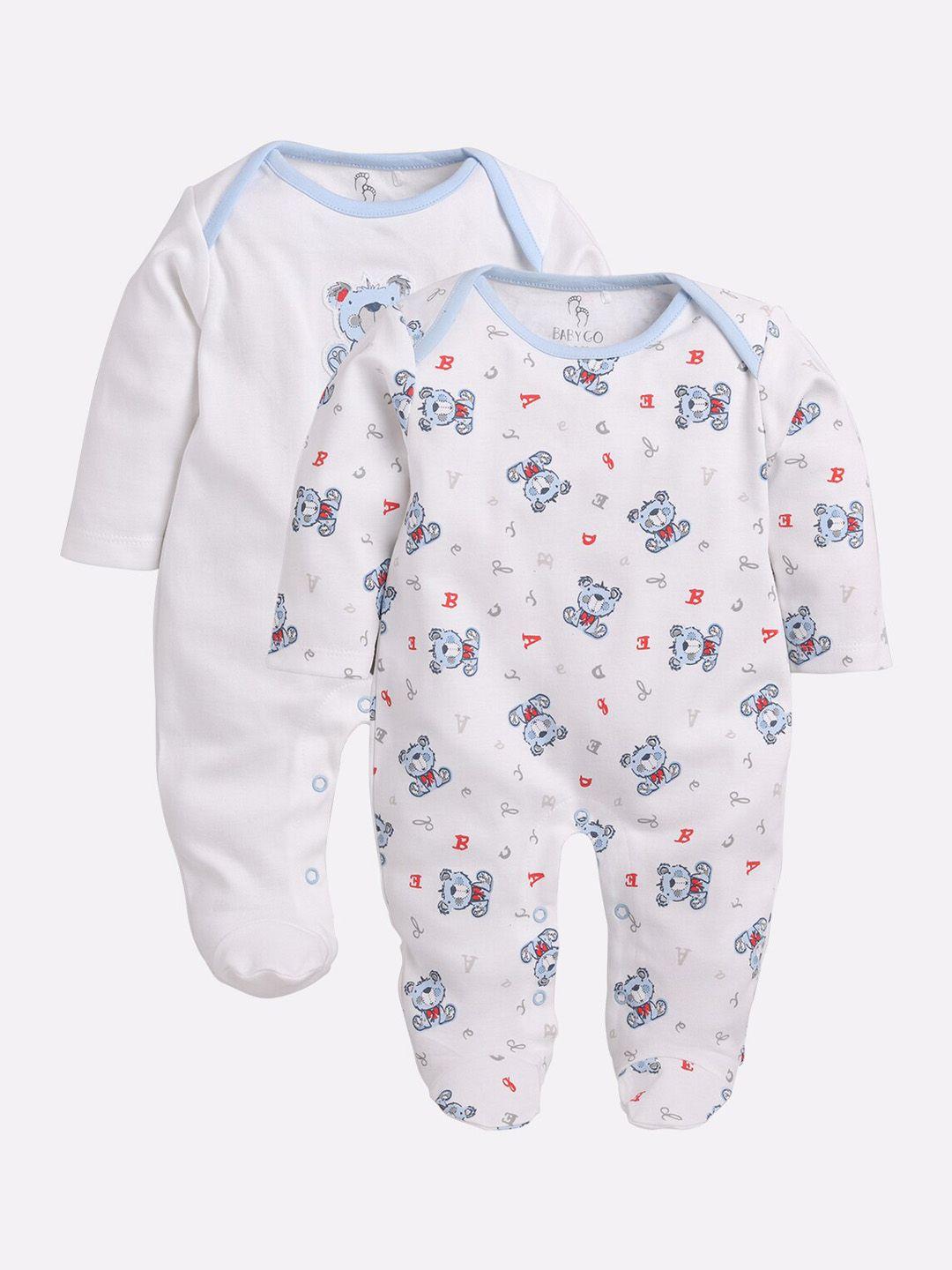 BABY GO Infant Girls Pack Of 2 White & Blue Organic Cotton Printed Rompers