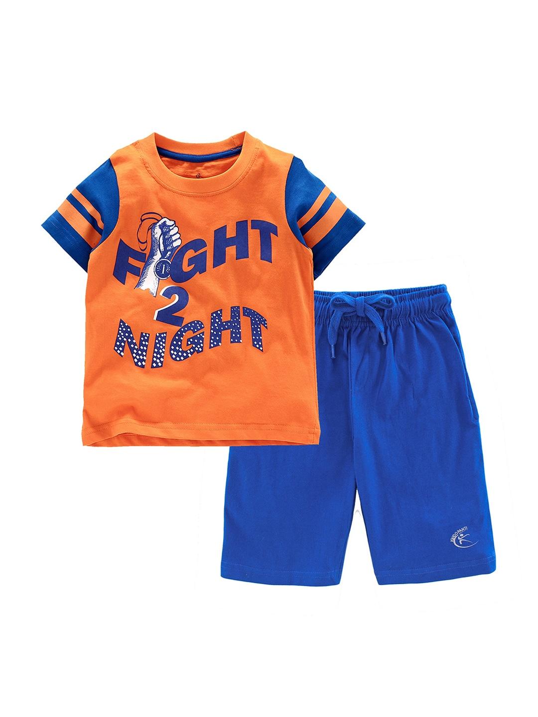 KiddoPanti Boys Orange & Blue Printed T-shirt with Shorts