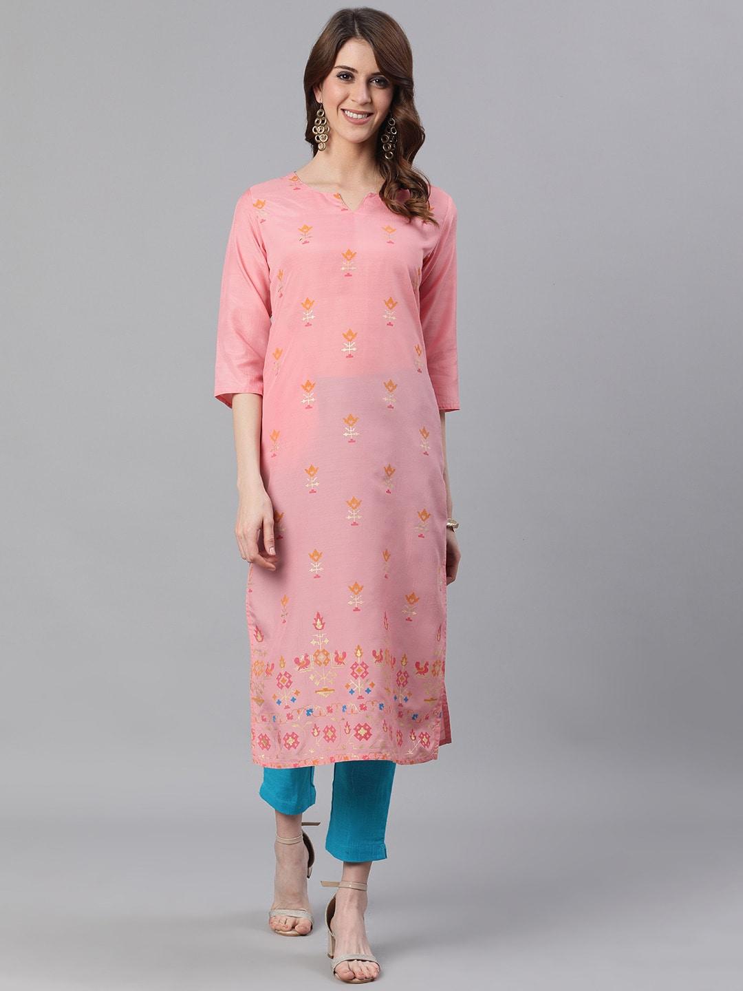 Jaipur Kurti Pink Floral Printed Silk Kurta