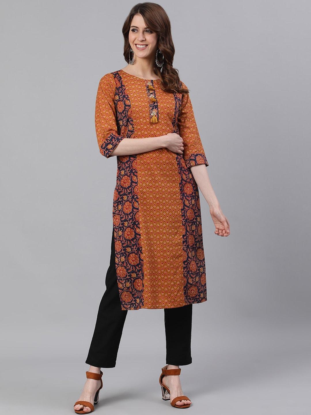 jaipur-kurti-women-mustard-brown-&-black-ethnic-motifs-printed-kurta