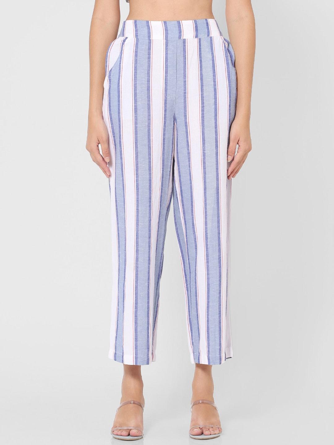 ONLY Women White & Blue Regular Fit Striped Parallel Trousers