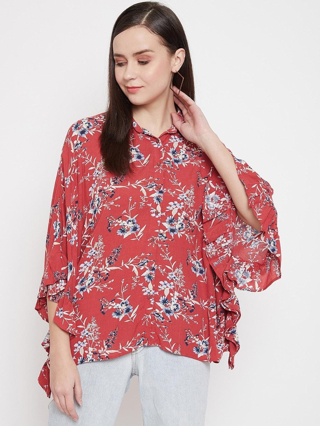 Crimsoune Club Red Floral Printed Flared Sleeves Shirt Style Top