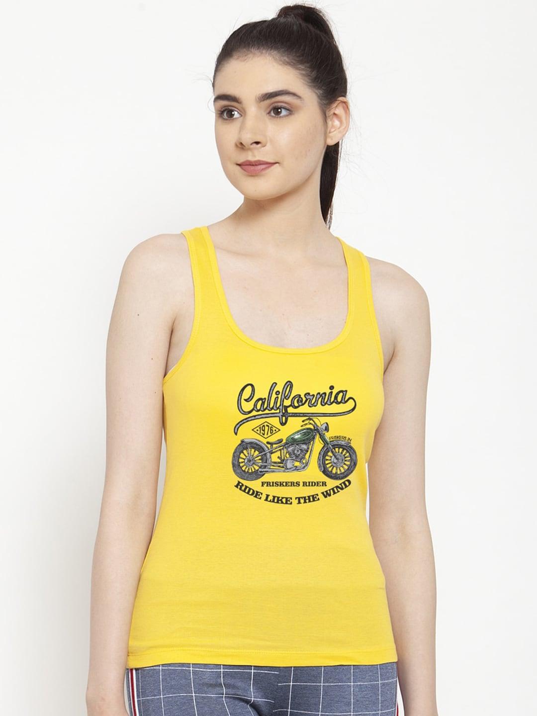 friskers-women-yellow-&-black-printed-camisole