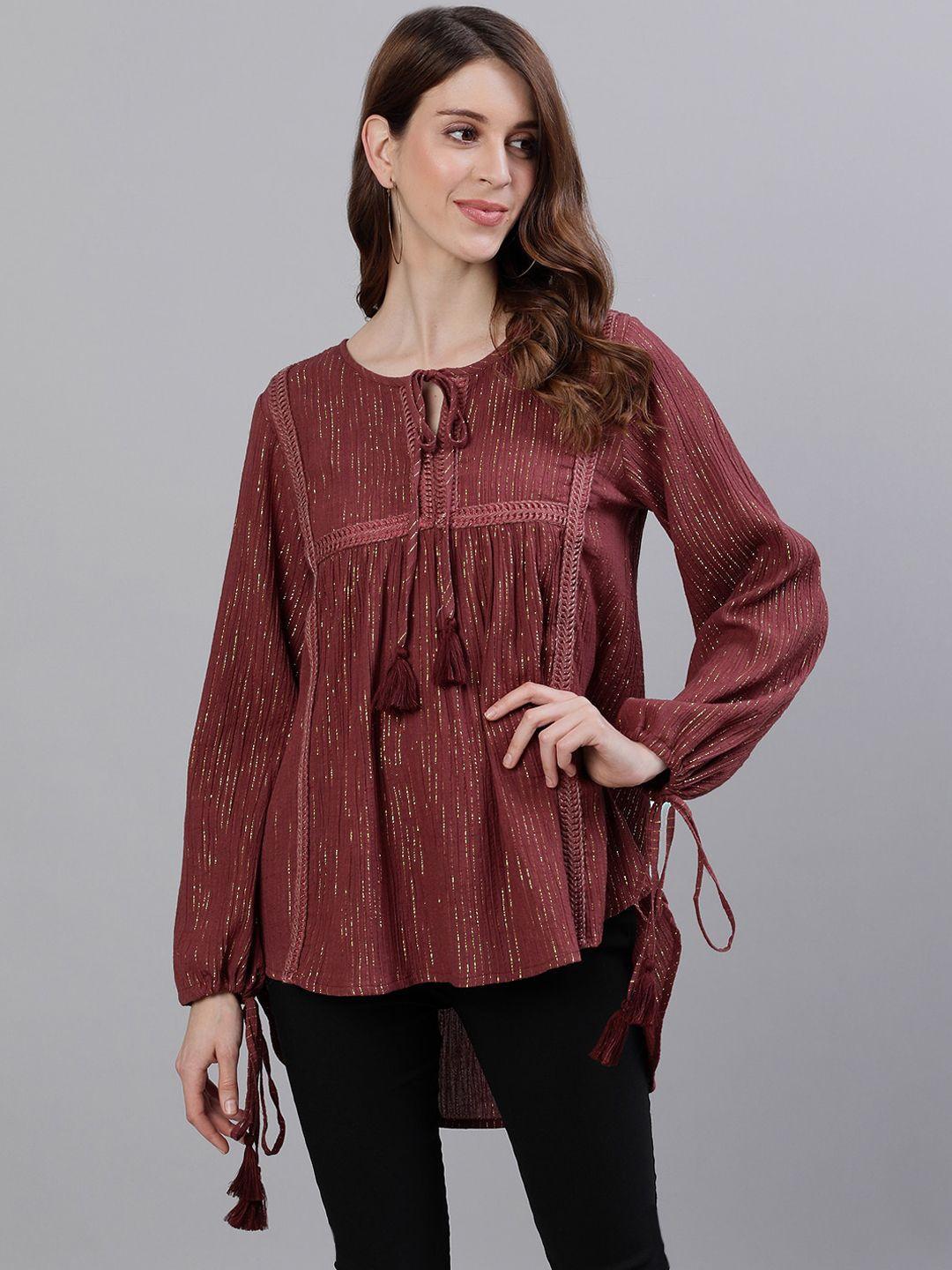 ishin-maroon-striped-tie-up-neck-puff-sleeves-high-low-top
