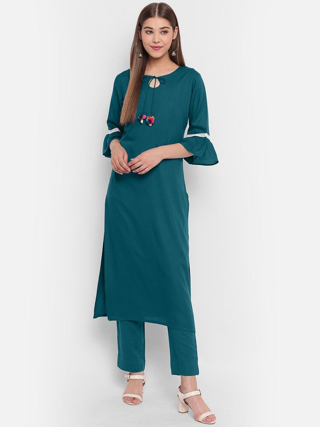 janasya-women-green-solid-kurta-with-trousers