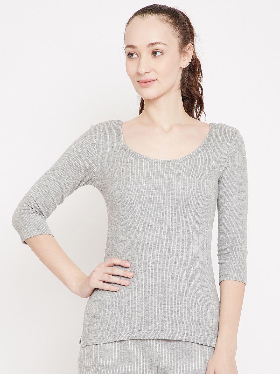 neva-women-grey-melange-striped-slim-fit-thermal-top
