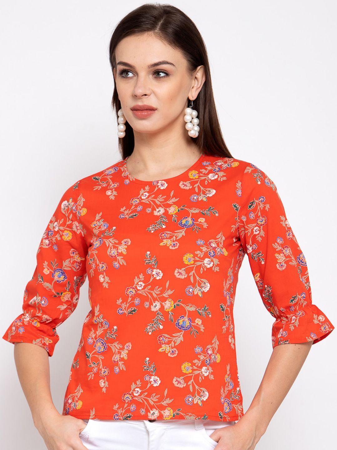 Style Quotient Orange Floral Printed Flared Sleeves Top