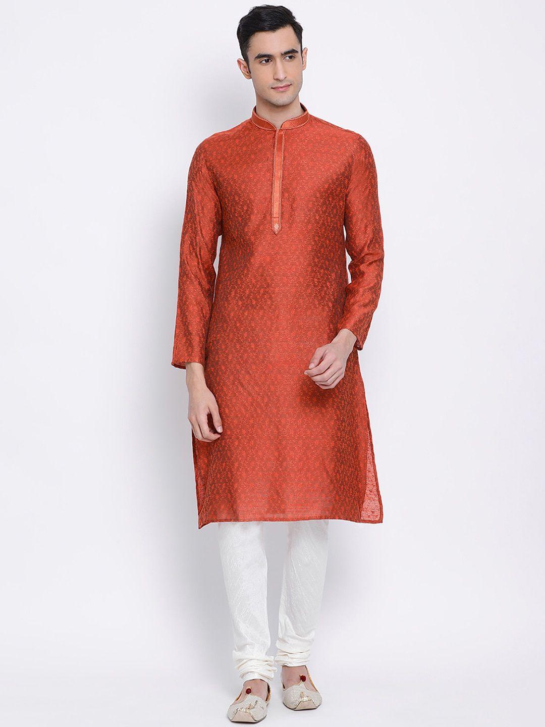sanwara-men-rust-&-white-embroidered-kurta-with-pyjamas