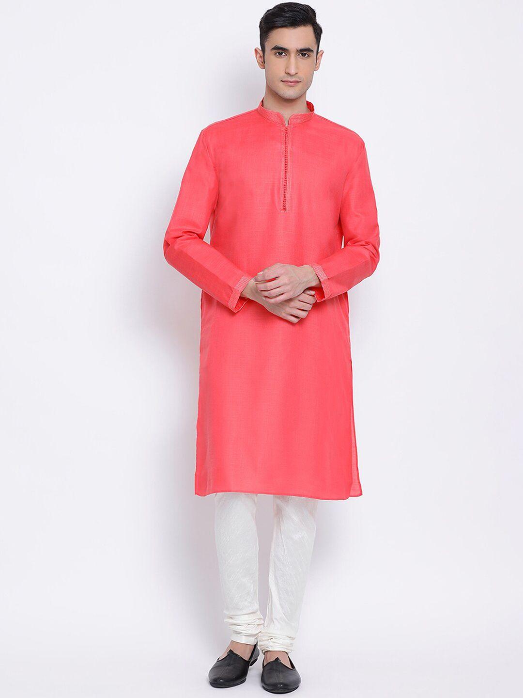 sanwara-men-pink-&-off-white-solid-kurta-with-churidar