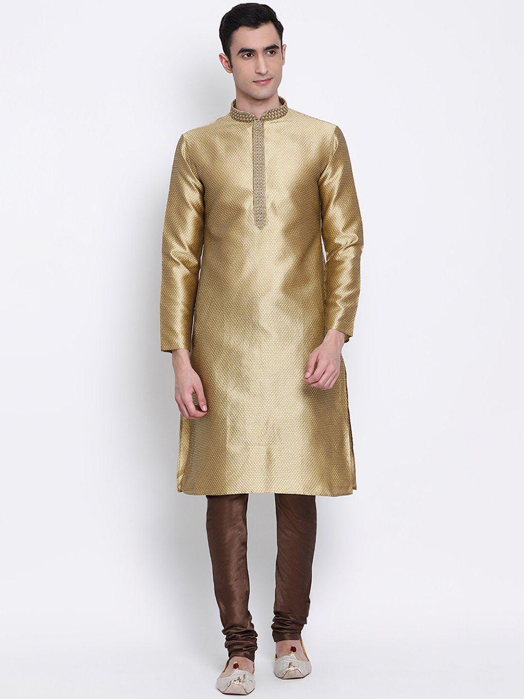 sanwara-men-green-&-brown-woven-design-kurta-with-churidar