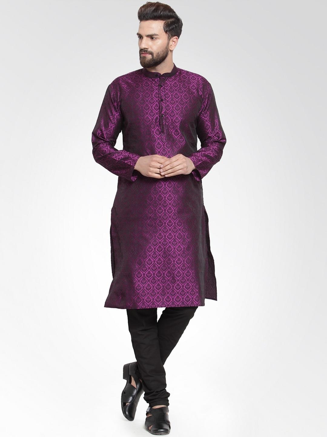 jompers-men-purple-self-design-jacquard-kurta-with-churidar