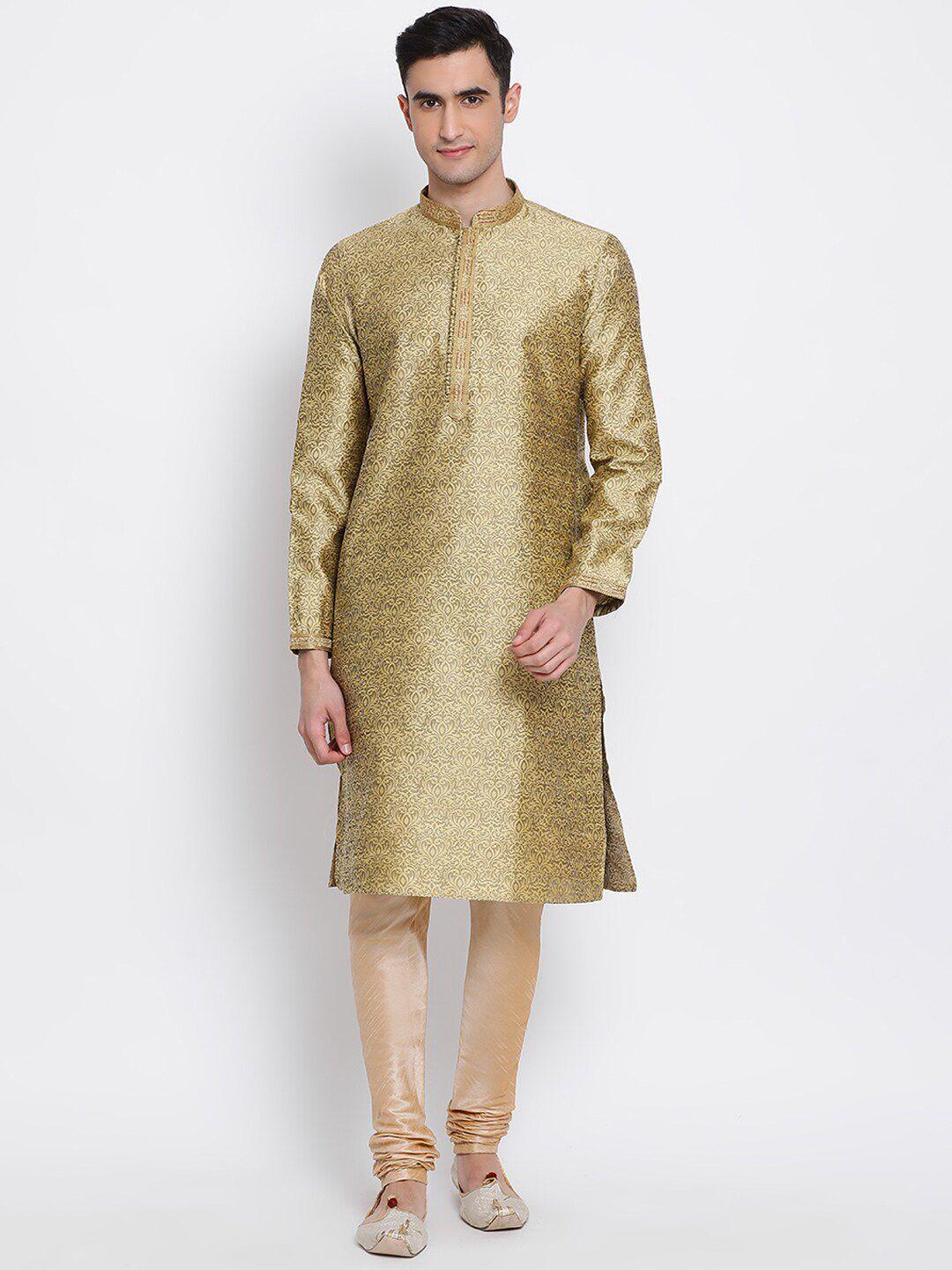 sanwara-men-gold-toned-&-cream-coloured-woven-design-kurta-with-churidar