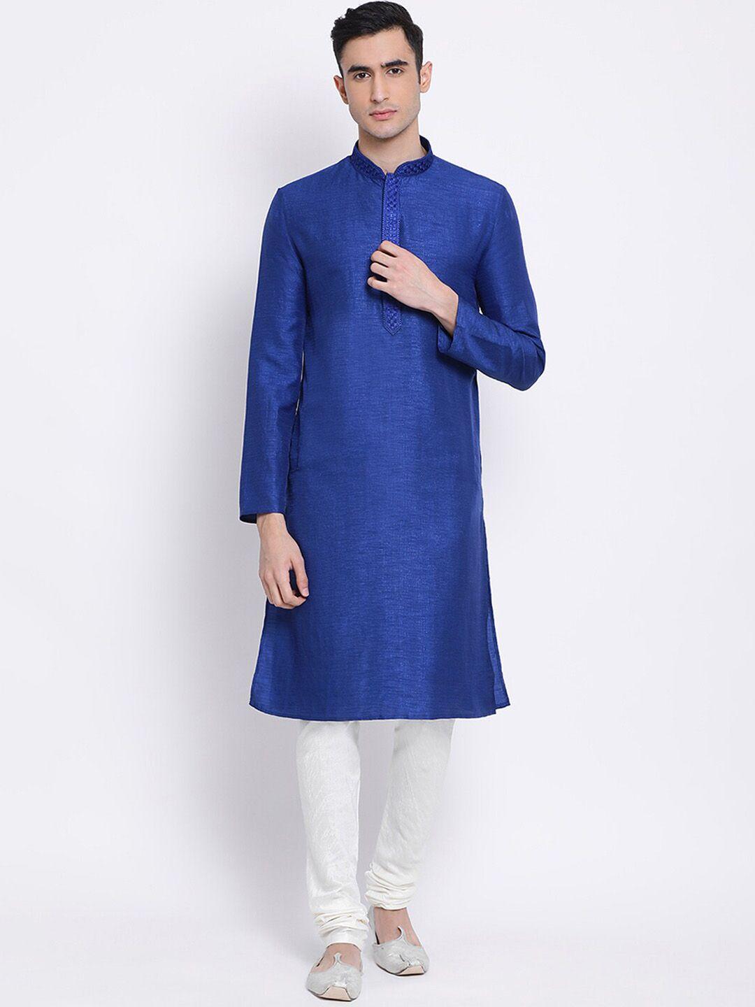 sanwara-men-blue-&-white-woven-design-kurta-with-pyjamas