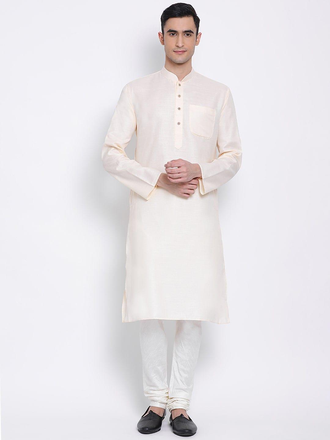 Sanwara Men Cream-Coloured & White Woven Design Kurta with Churidar