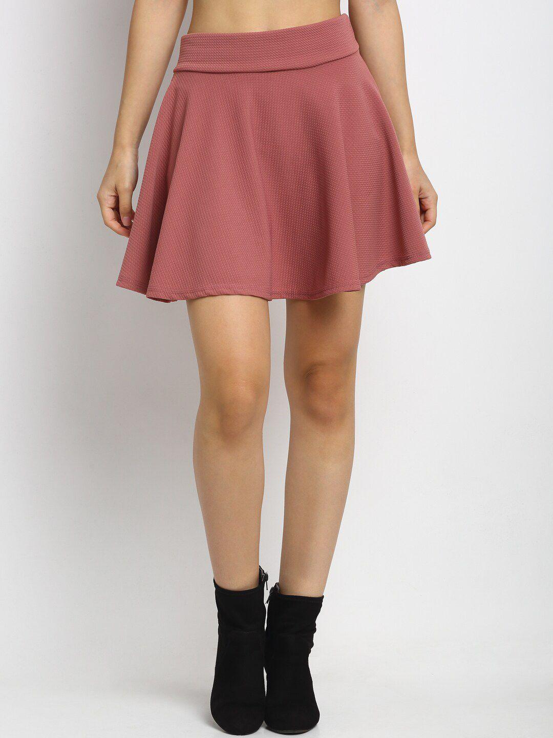 neudis-peach-colour-self-design-flared-mini-skirt