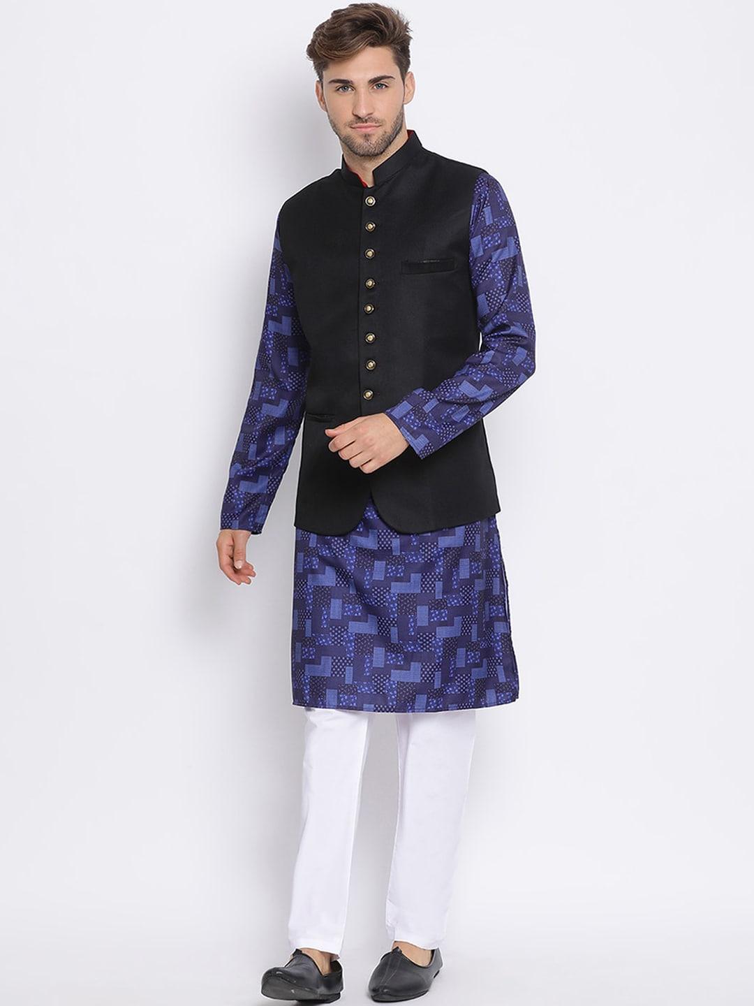 hangup-men-blue-&-white-printed-kurta-with-pyjamas-&-nehru-jacket