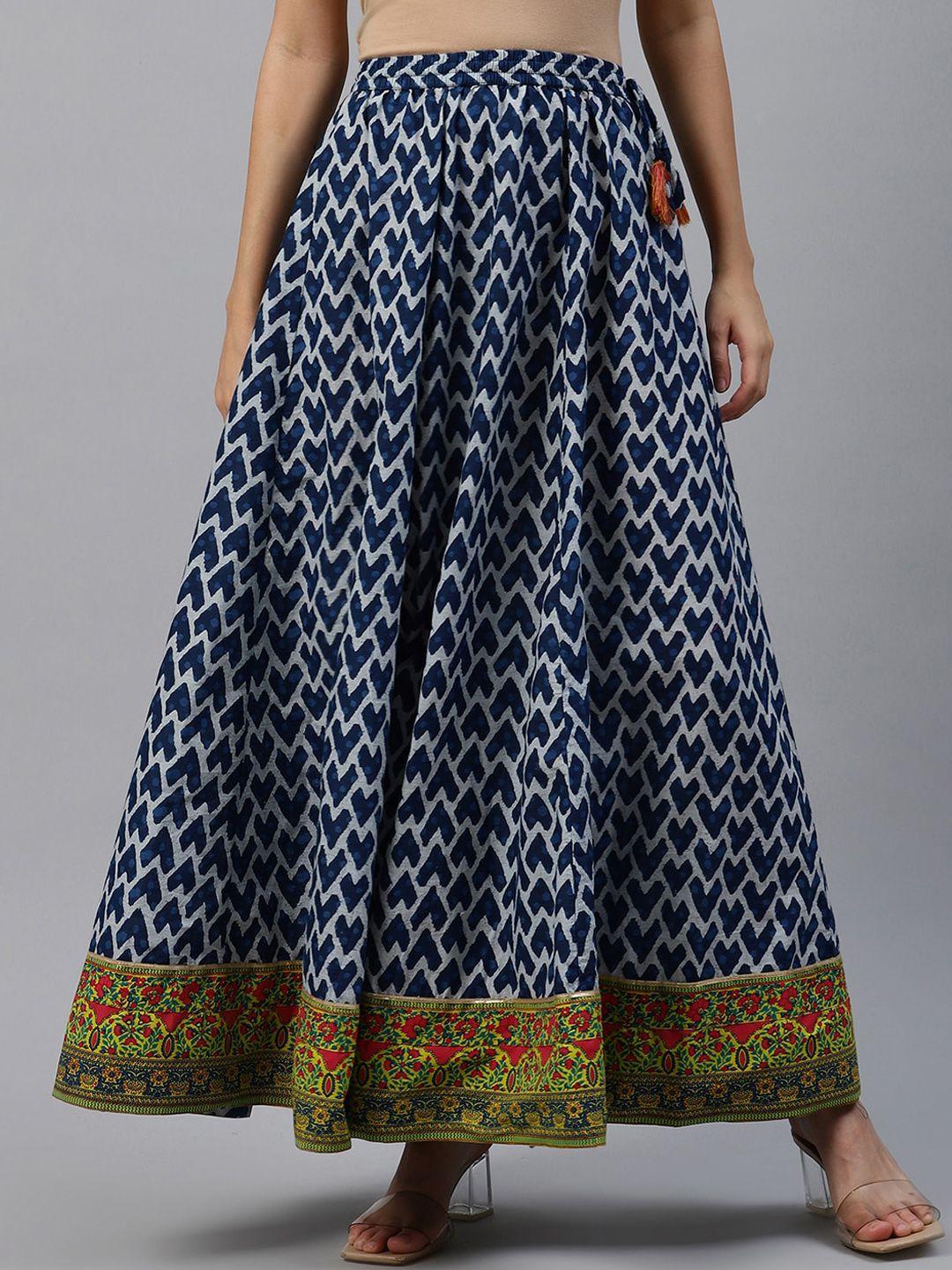 Varanga Women Blue & White Printed Flared Maxi Skirt