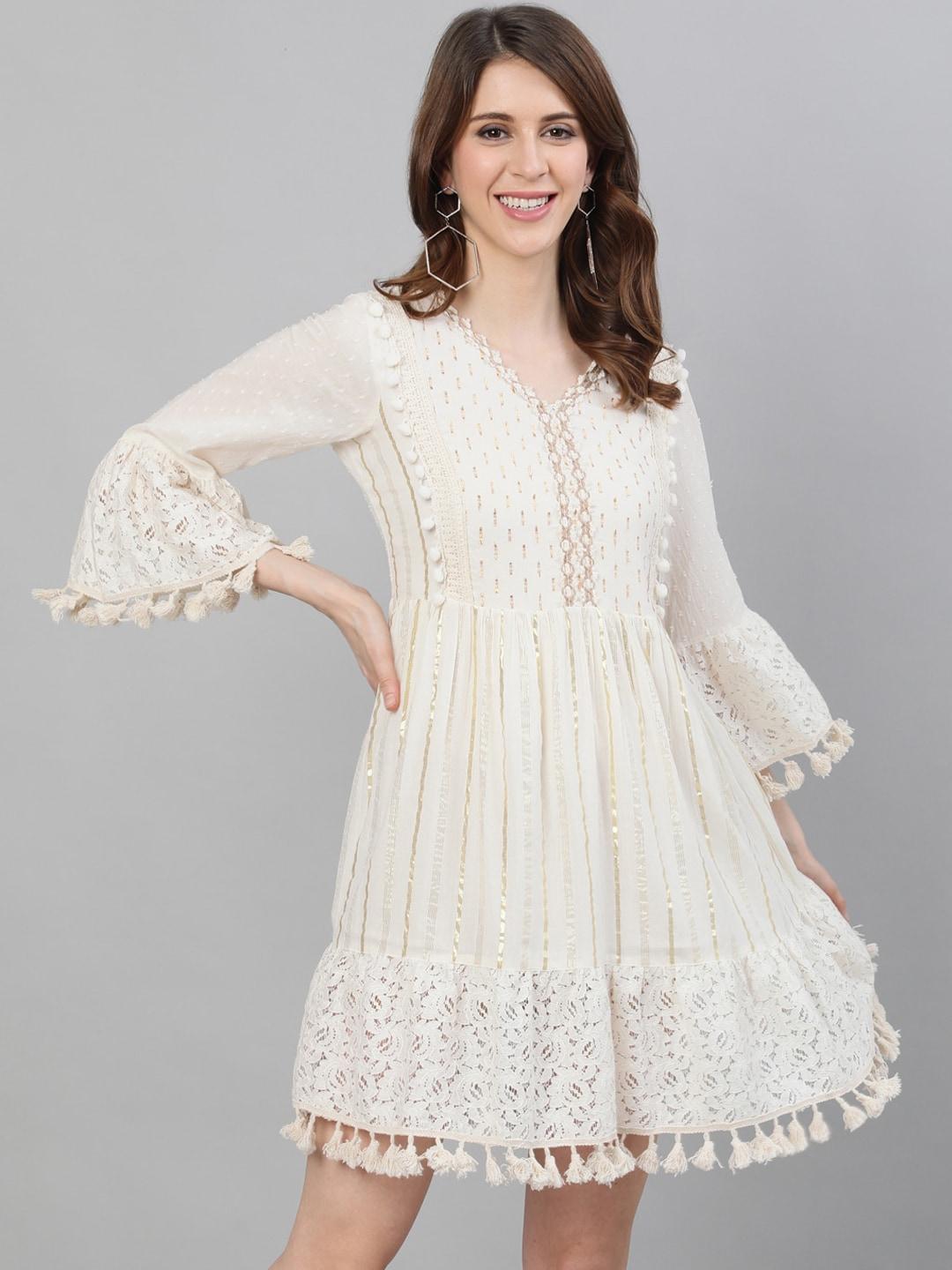 Ishin Women Off-White Self Design Fit and Flare Dress