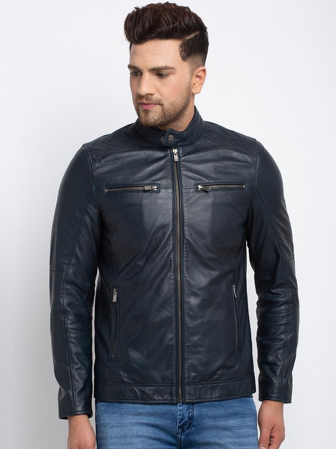 Teakwood Leathers Men Blue Solid Lightweight Leather Jacket