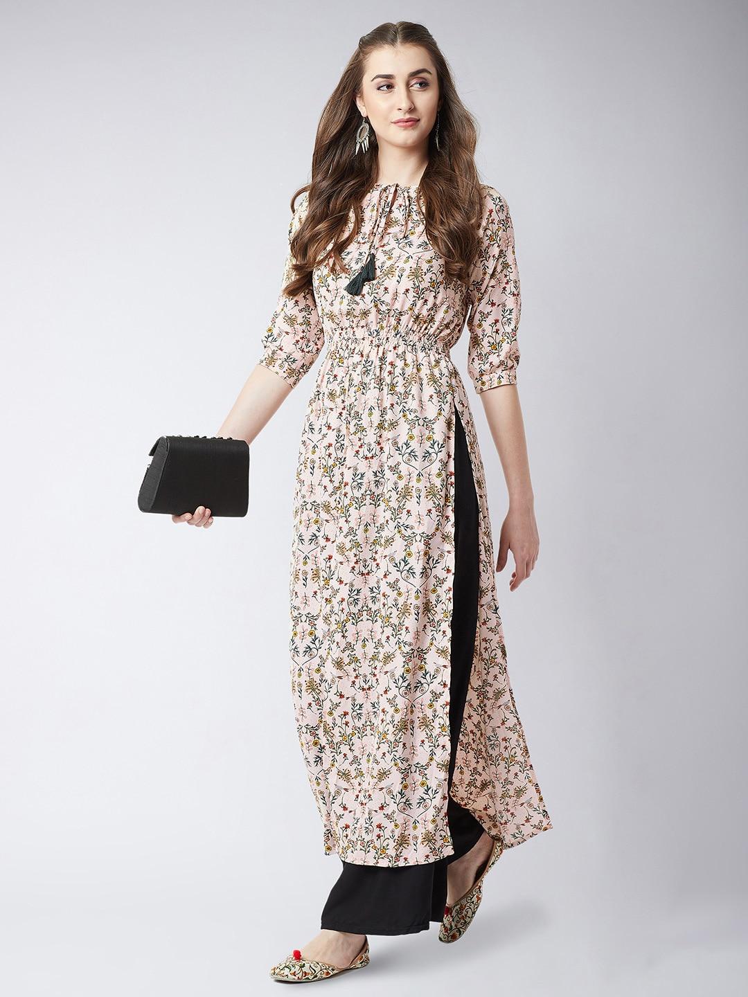 Miss Chase Pink Floral Printed Tie-up Neck Crepe Maxi Longline Top