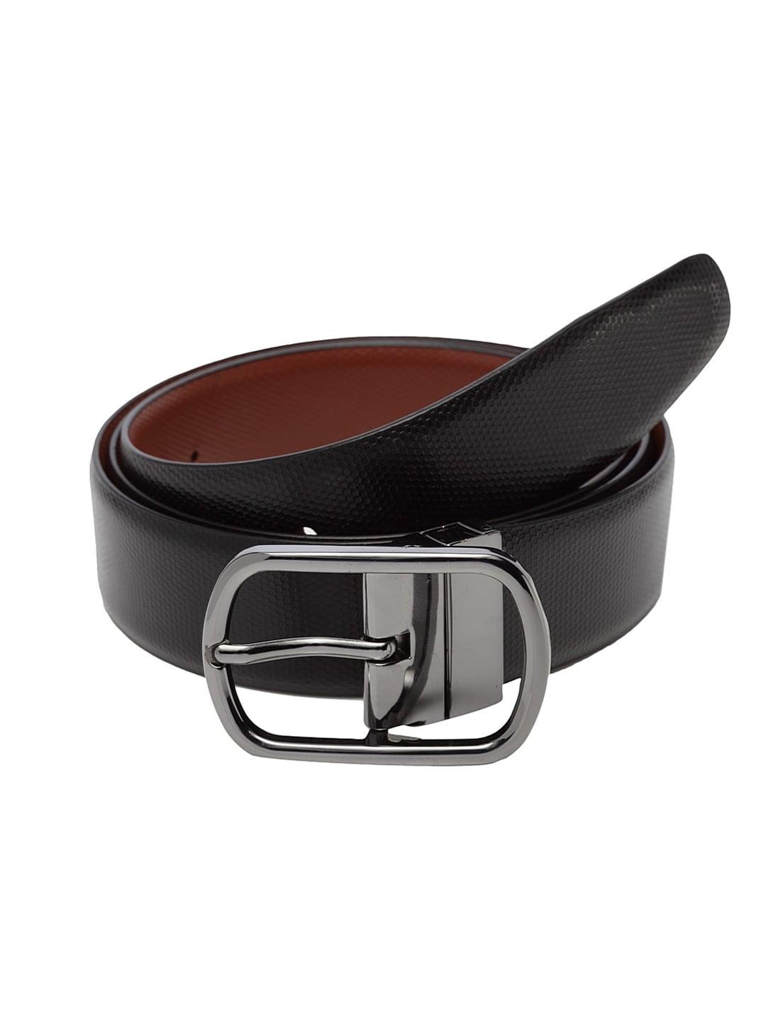 WELBAWT Men Black & Brown Textured Leather Reversible Slim Belt