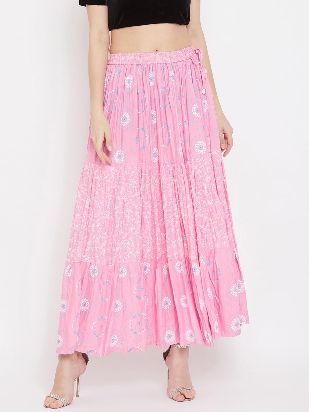 Clora Creation Women Pink & Blue Floral Printed Flared Maxi Tiered Skirt