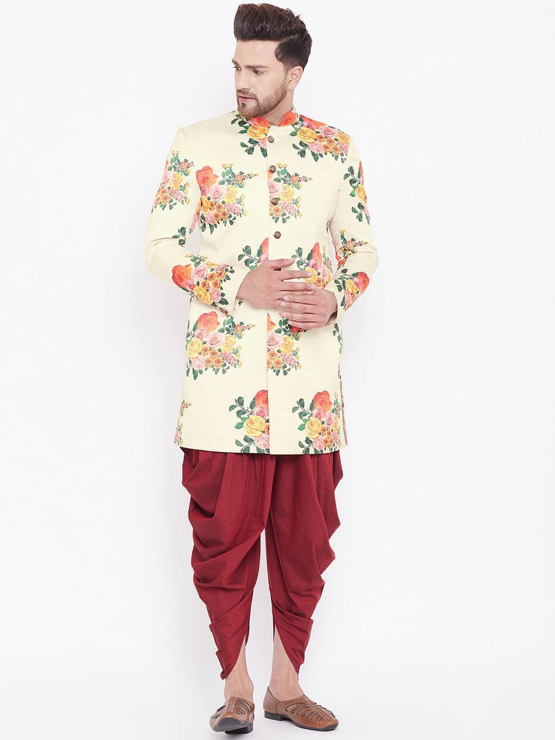 vastramay-men-cream-colored-&-maroon-floral-printed-slim-fit-sherwani