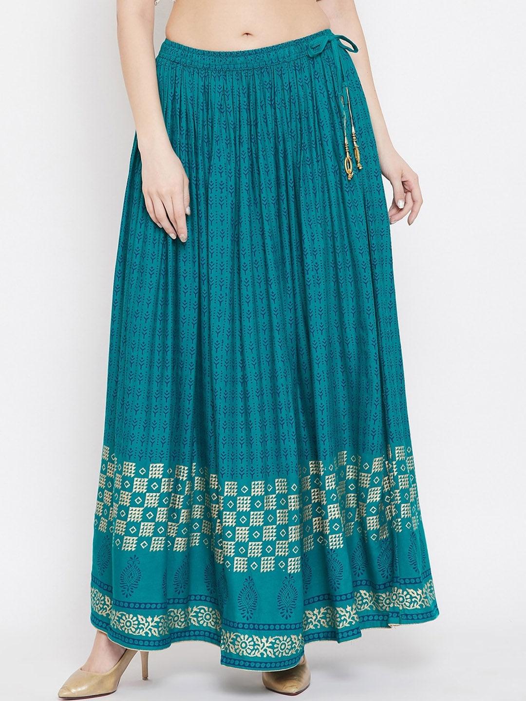 Clora Creation Women Teal Blue & Gold-Colored Geometric Printed Flared Maxi Skirt