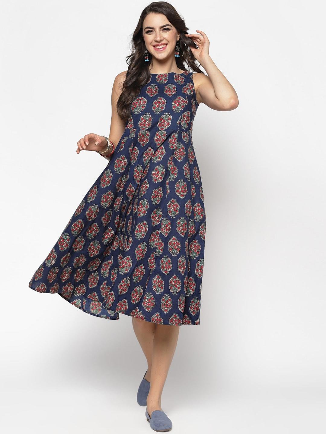 Sera Women Navy Blue & Red Printed Fit and Flare Dress