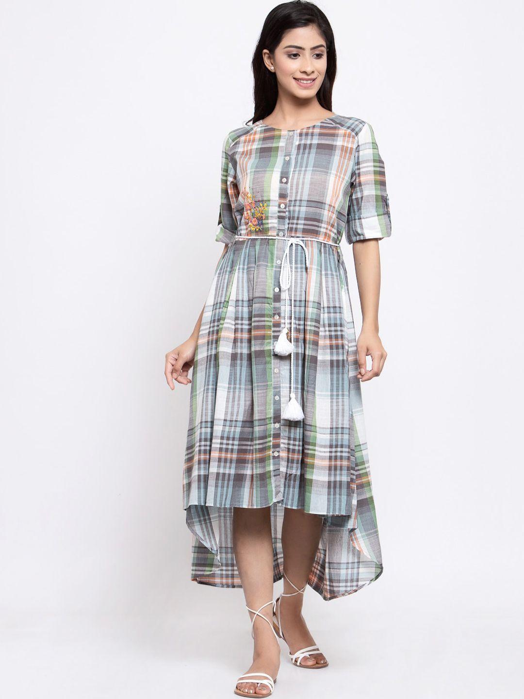 terquois-women-green-checked-cotton-a-line-dress