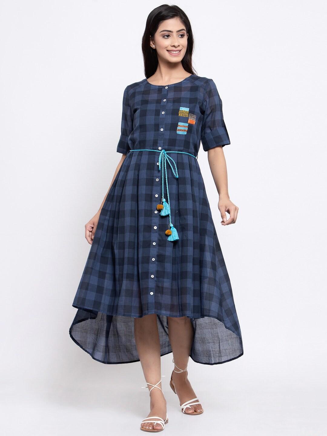 TERQUOIS Women Blue Checked Two Layered Cotton Fit and Flare Dress