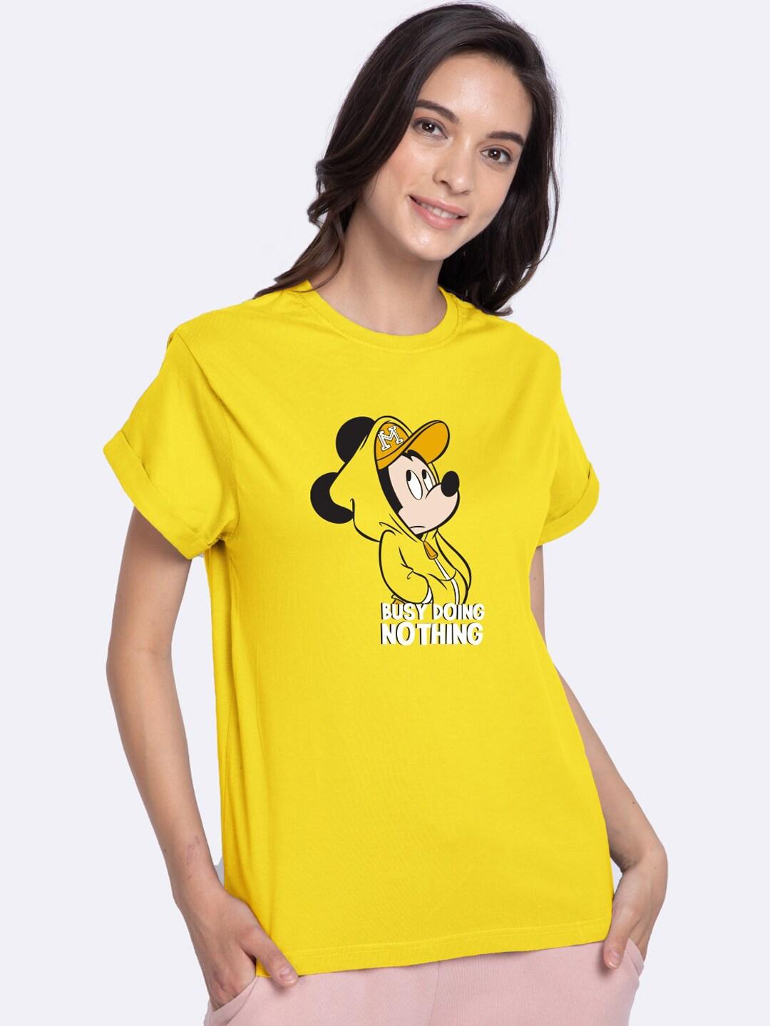 Bewakoof Women Yellow Mickey Printed Round Neck Cotton Pure Cotton T-shirt